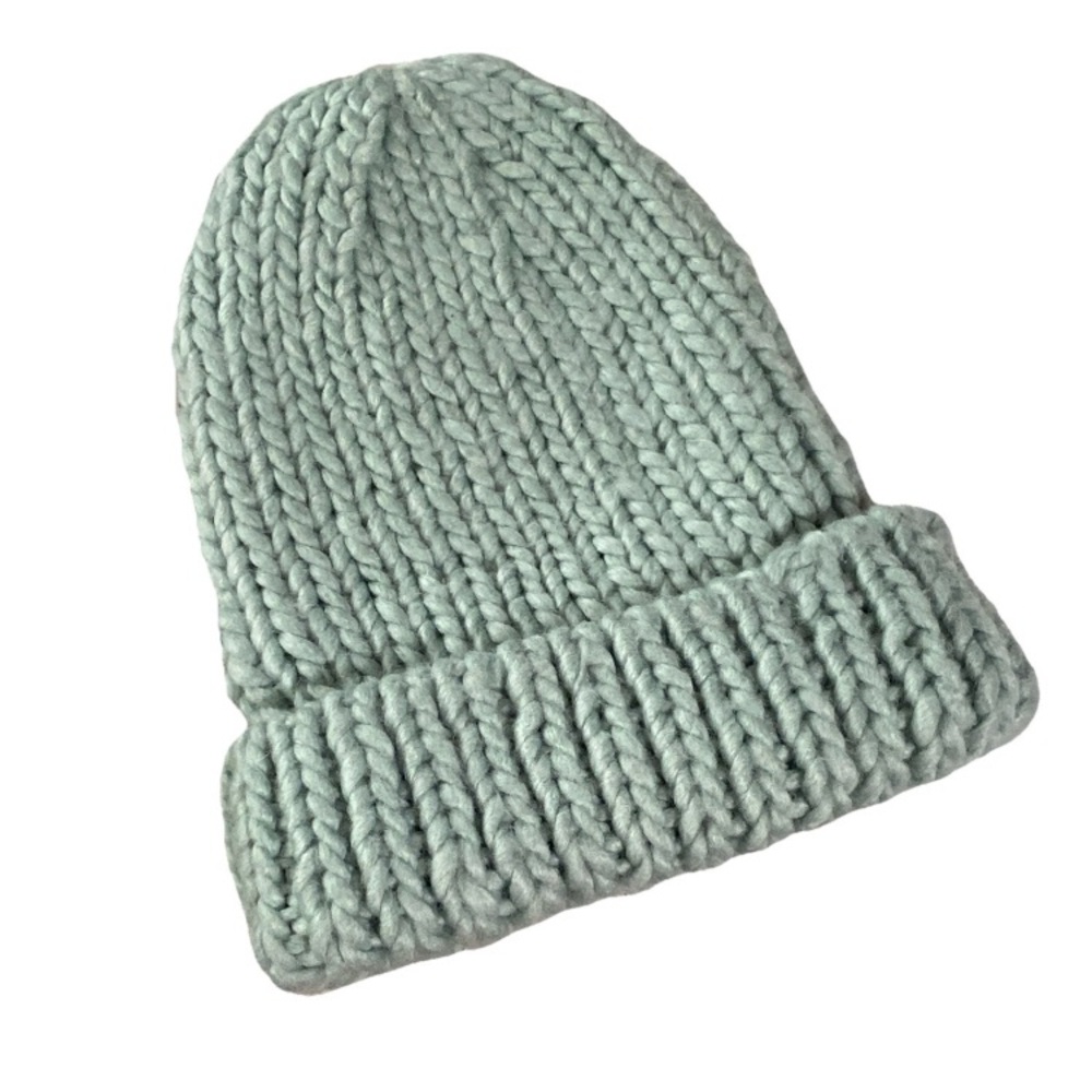 For Love & Lemons Chunky Knit Beanie Hat Mint Green Womens OS One Size Cuffed